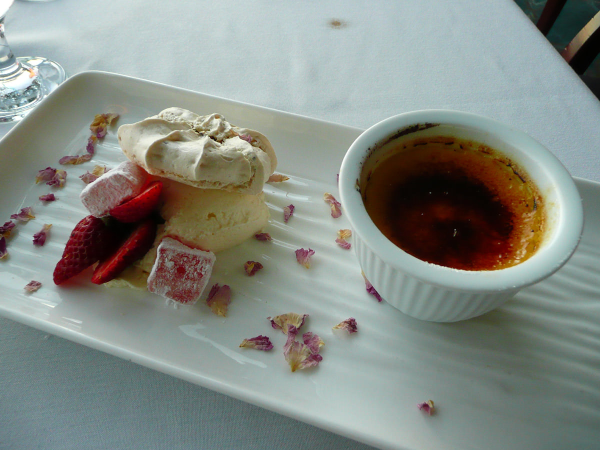 Turkish delight creme brulee with Pistachio nut macaroons