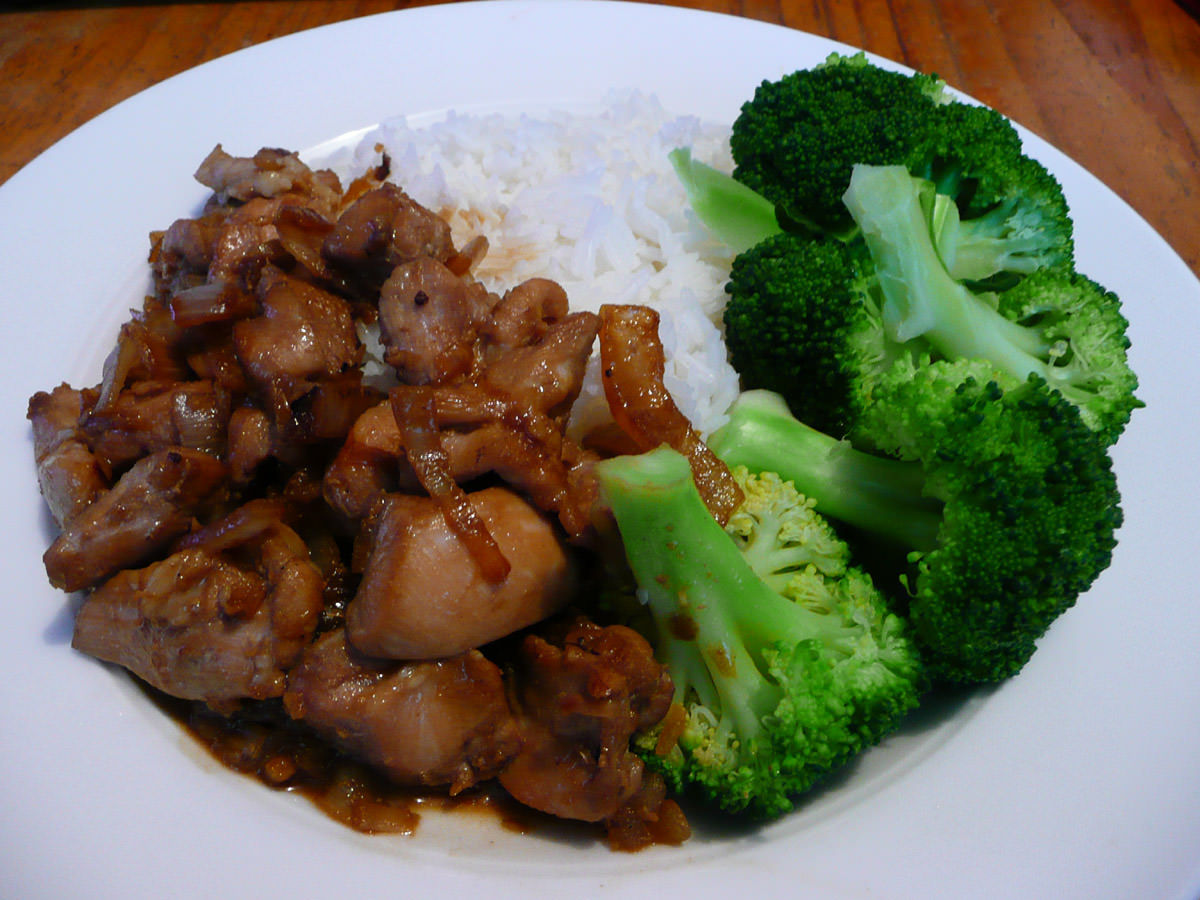 Teriyaki-marinated chicken, rice and steamed broccoli