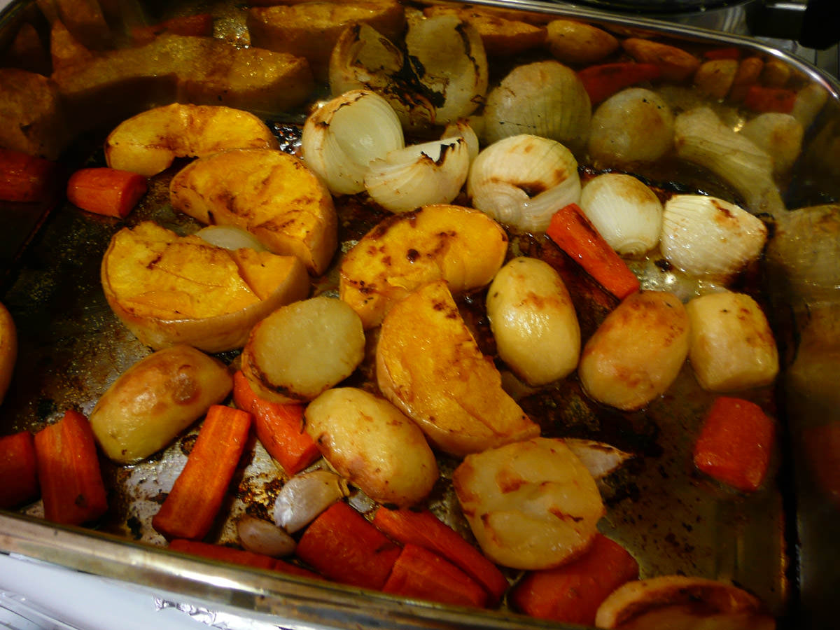 Roast potato, onion, carrot and pumpkin