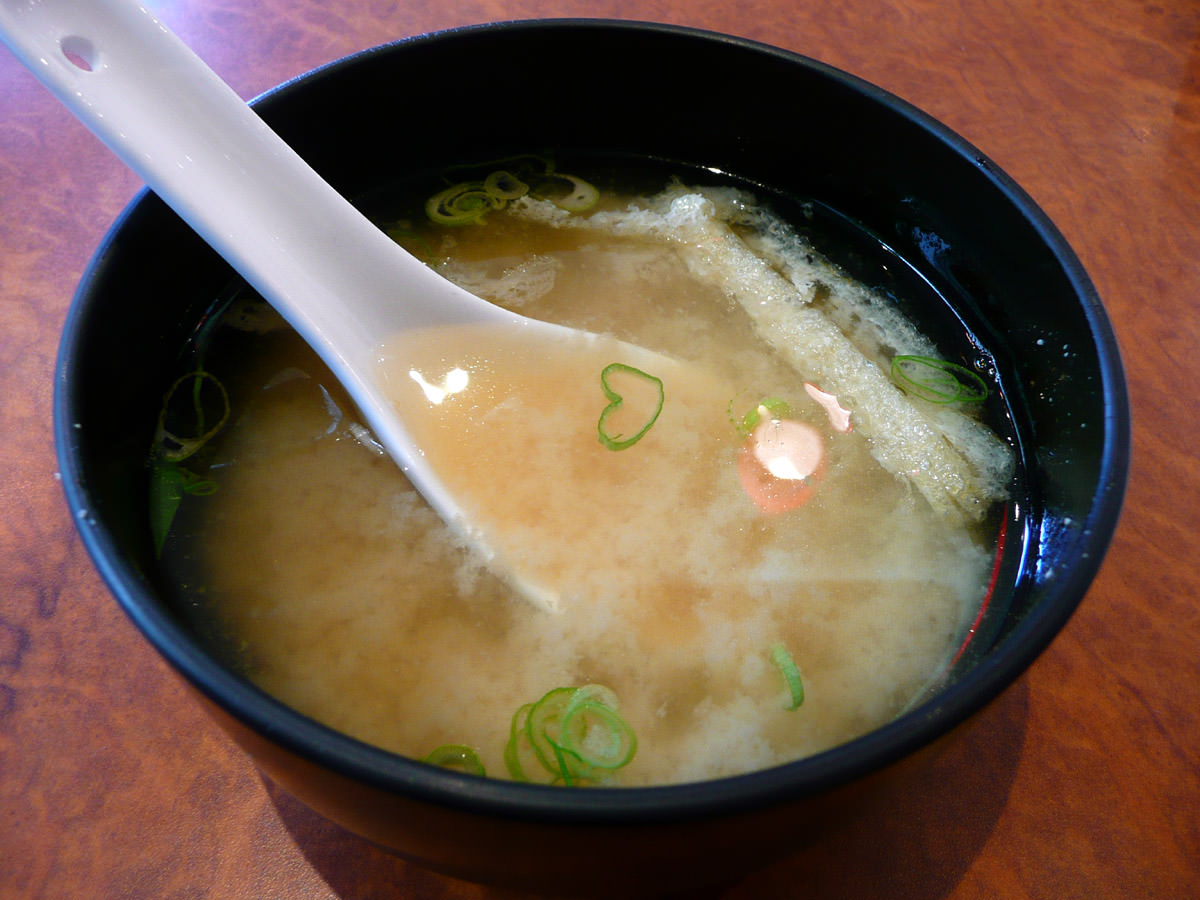 Miso soup with heart shaped spring onion