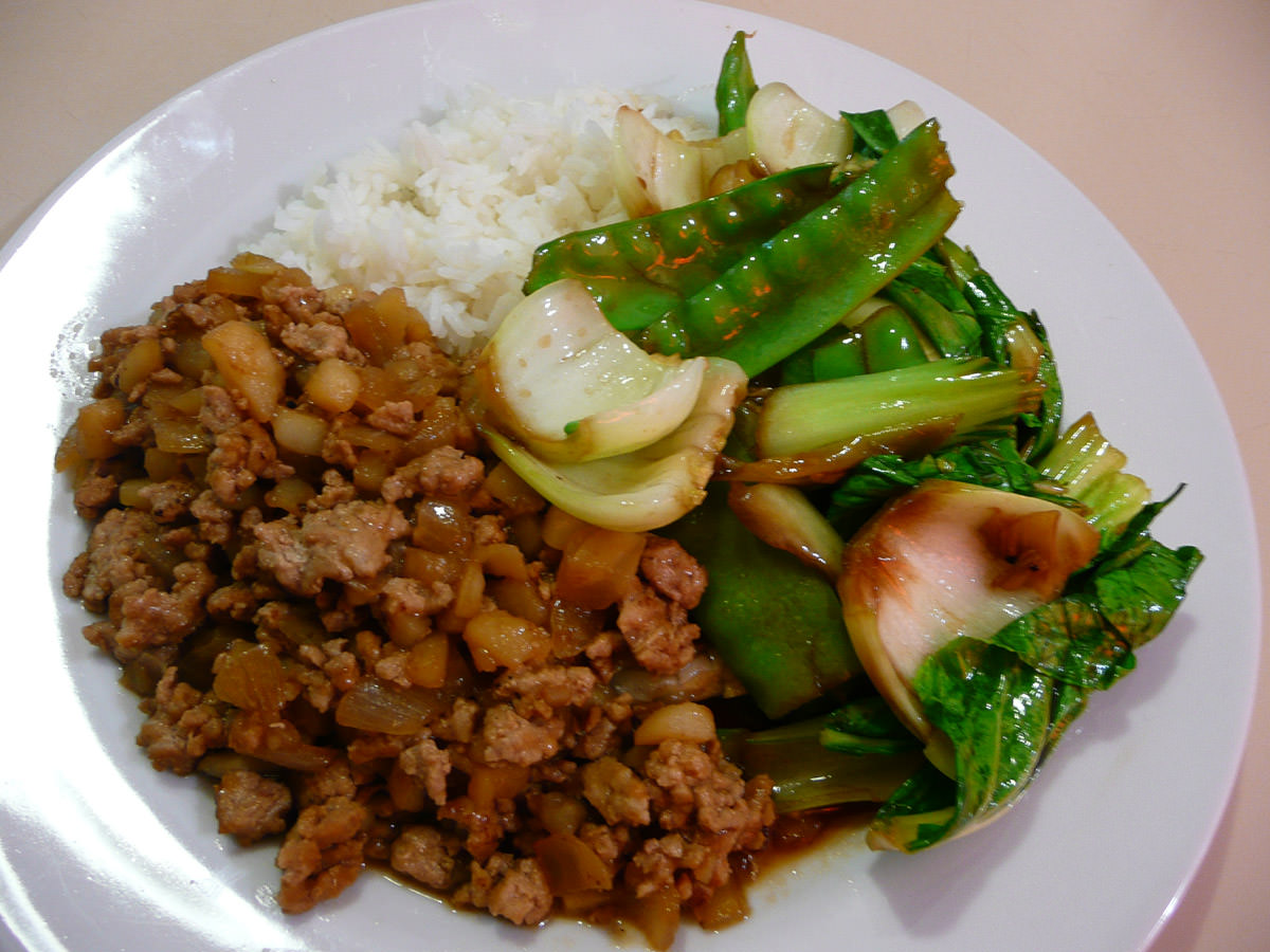 Minchee, rice and stir-fried greens