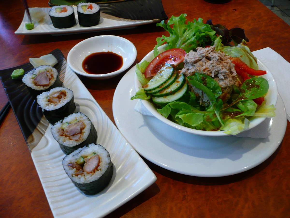 Teriyaki chicken sushi and tuna salad
