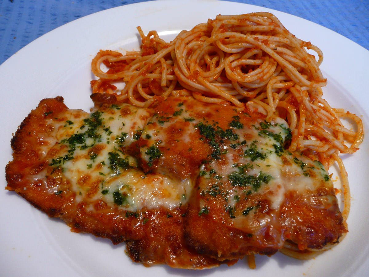 Chicken parmigiana with spaghetti napolitana