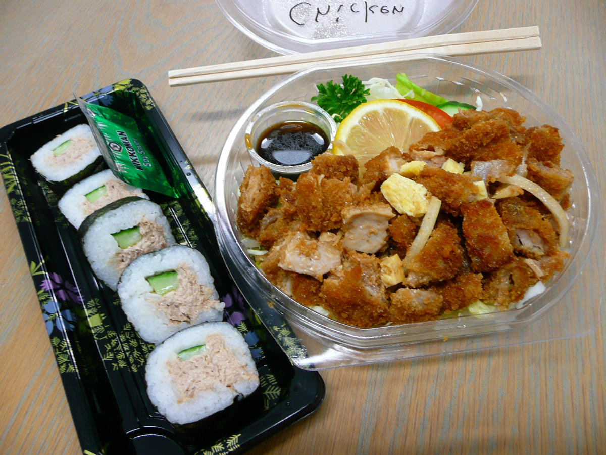 Tuna mayo sushi and chicken katsu salad