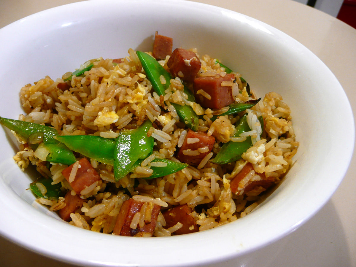 Fried rice with SPAM, egg and snow peas