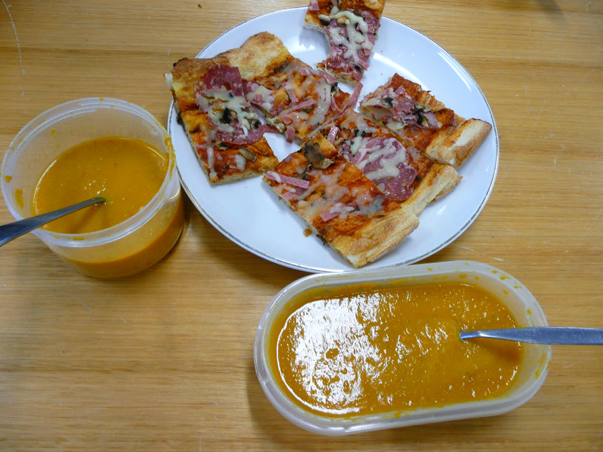 Leftover pizza and orange (roasted vegetable) soup