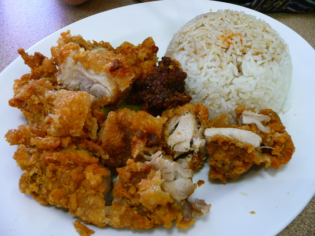 Crispy chicken rice with a big blob of sambal