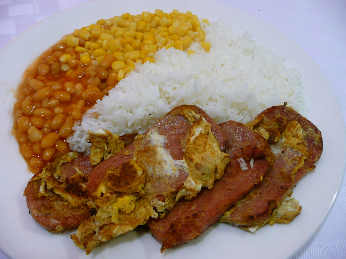 SPAM and egg, rice, baked beans and corn