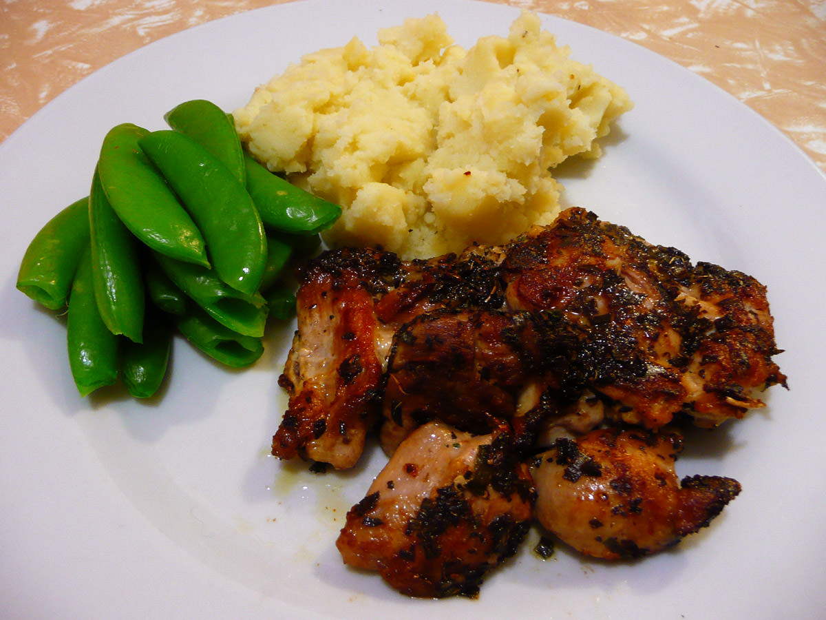 3-herb panfried chicken, sugar snap peas and mashed potato