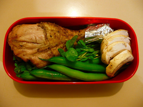 Chicken, green beans, mushrooms and snow pea sprouts