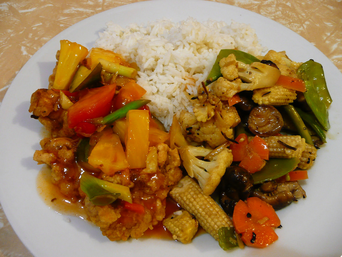 Sweet and sour pork, stir-fried vegies and rice