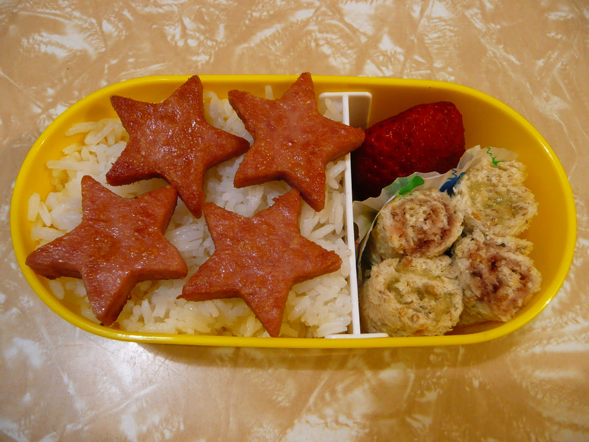 SPAM stars on rice, strawberry jam and kaya pinwheel sandwiches