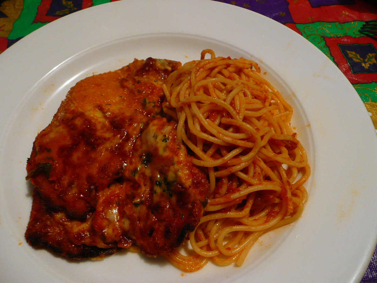 Chicken parmigiana with spaghetti napolitana
