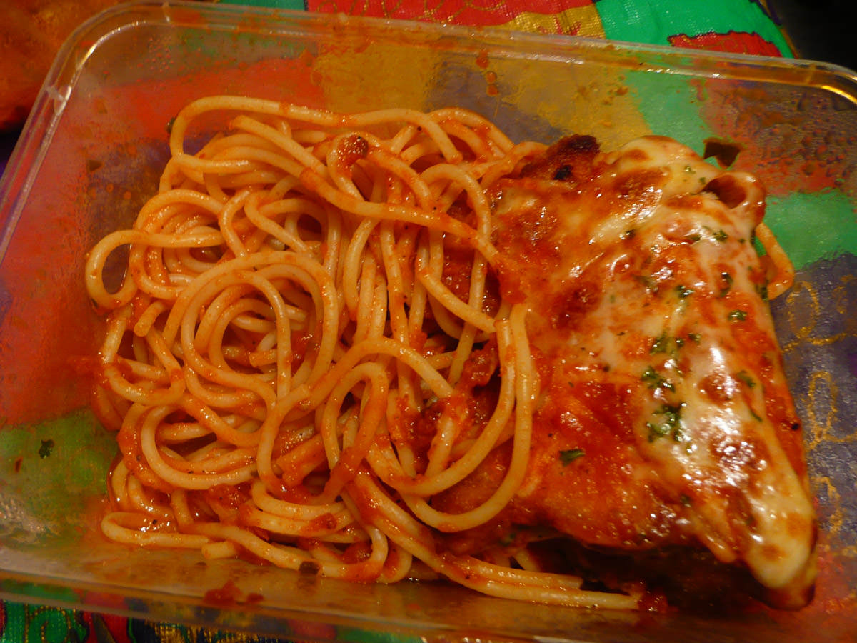 Chicken parmigiana with spaghetti napolitana - leftovers for later