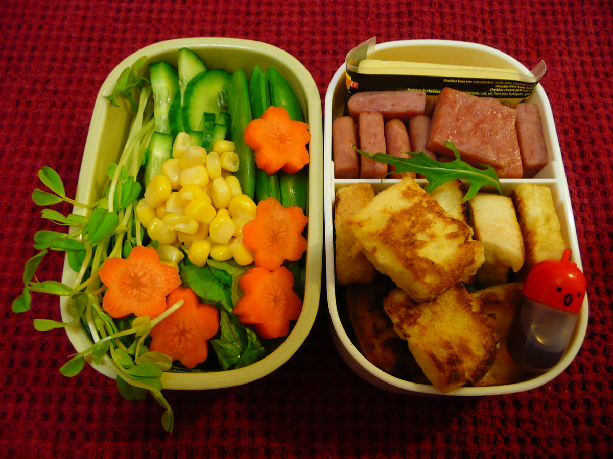 Thursday bento lunch with salad, SPAM and French toast