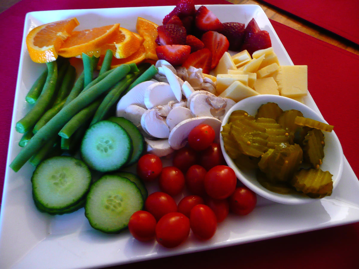 Vegetables, cheese, fruit and pickles
