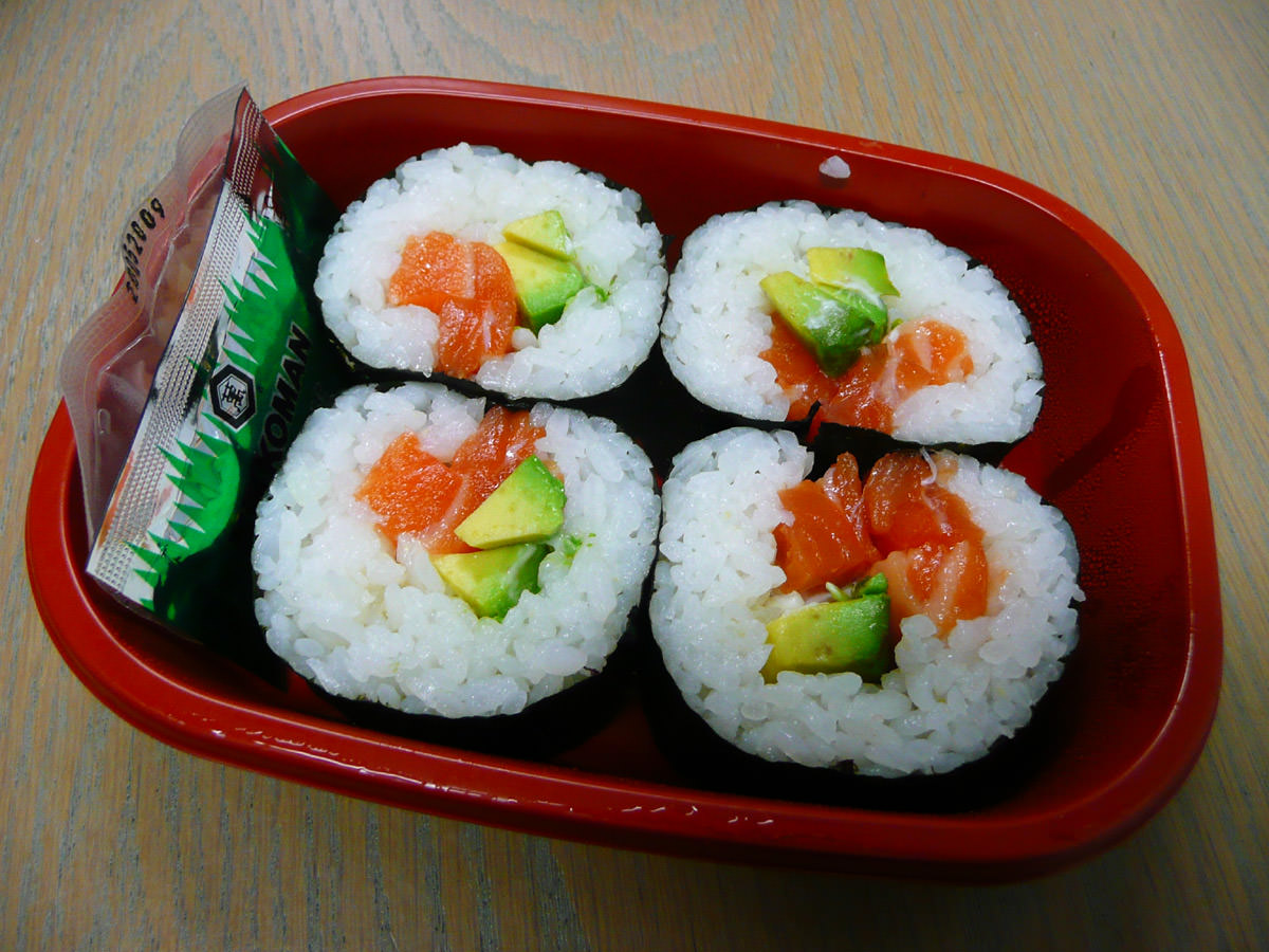 Raw salmon and avocado sushi