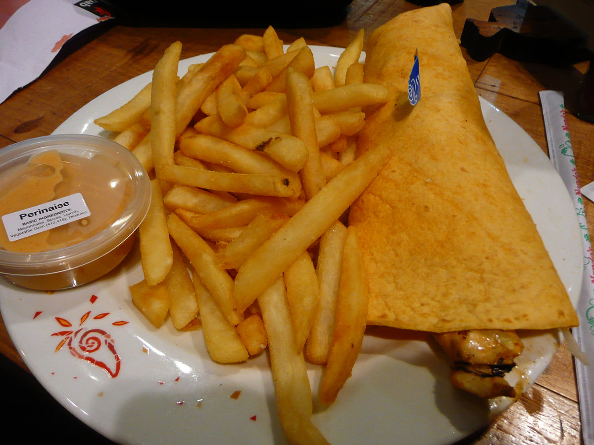 Classic Chicken Wrap, chips and perinaise dip from Nandos