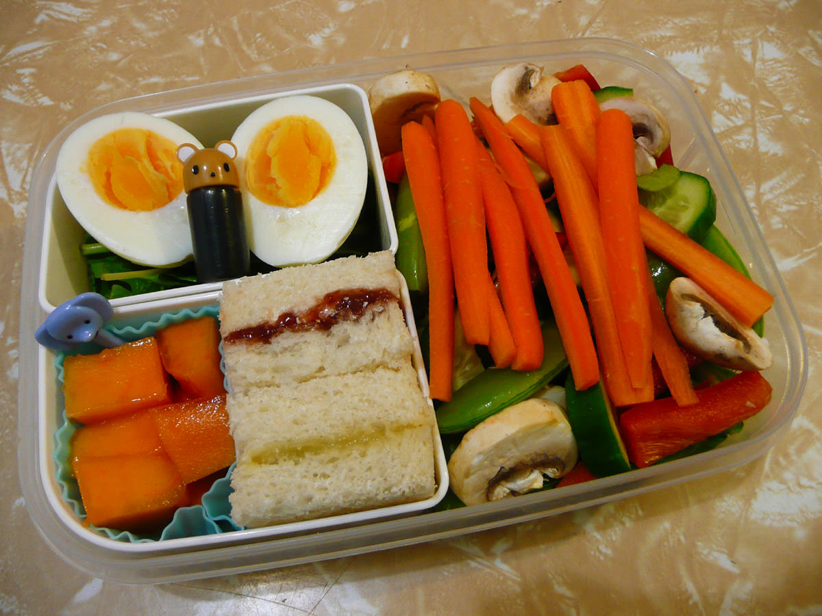 My Thursday bento - hard-boiled egg, salad, mini jam sandwiches and fruit
