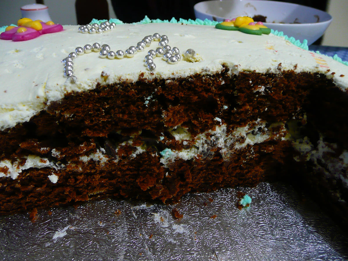 Savannah's birthday cake innards - with a layer of cream and chocolate bits in the middle