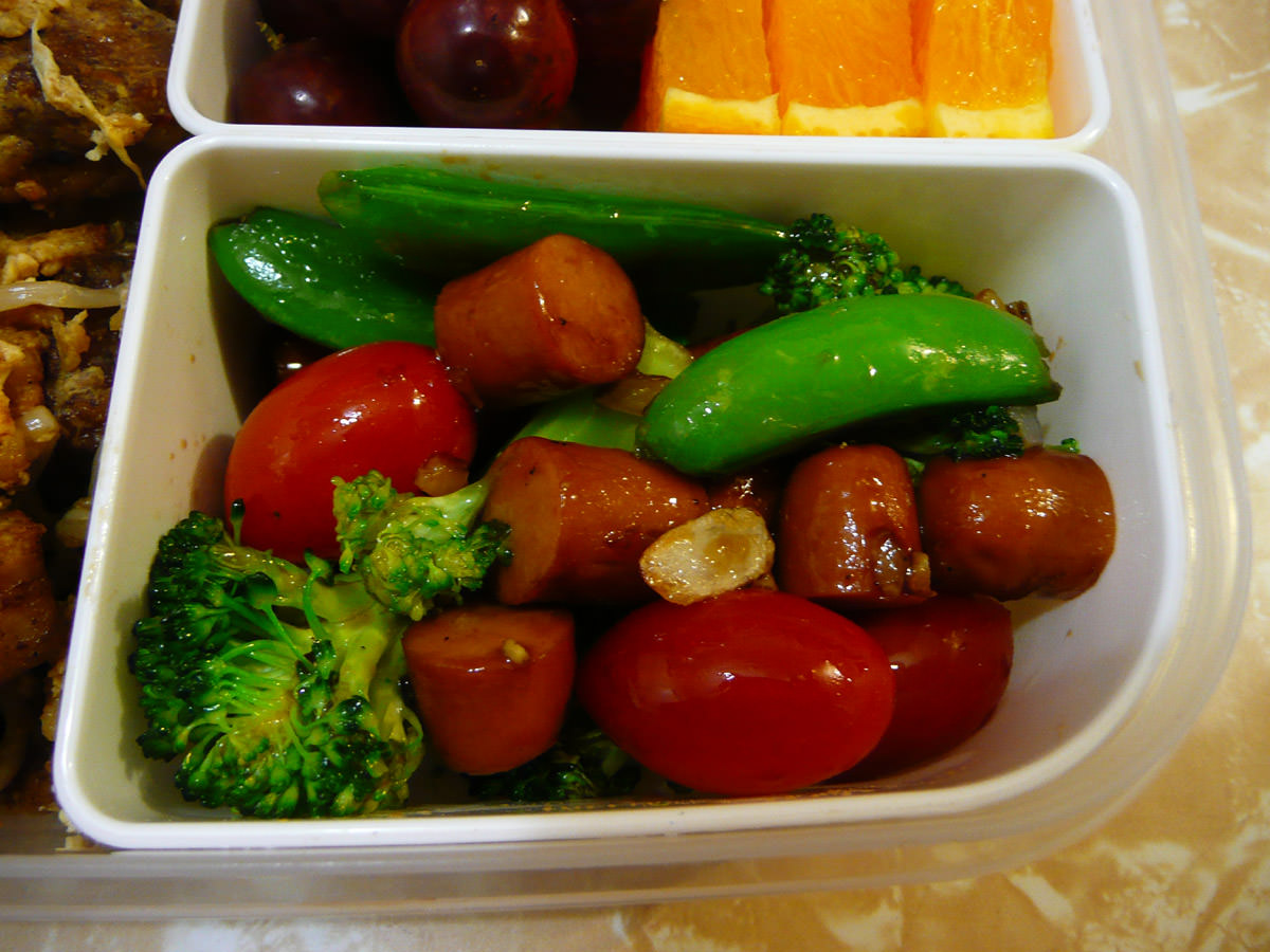 From my bento - oyster sauce vegetables with cocktail wieners