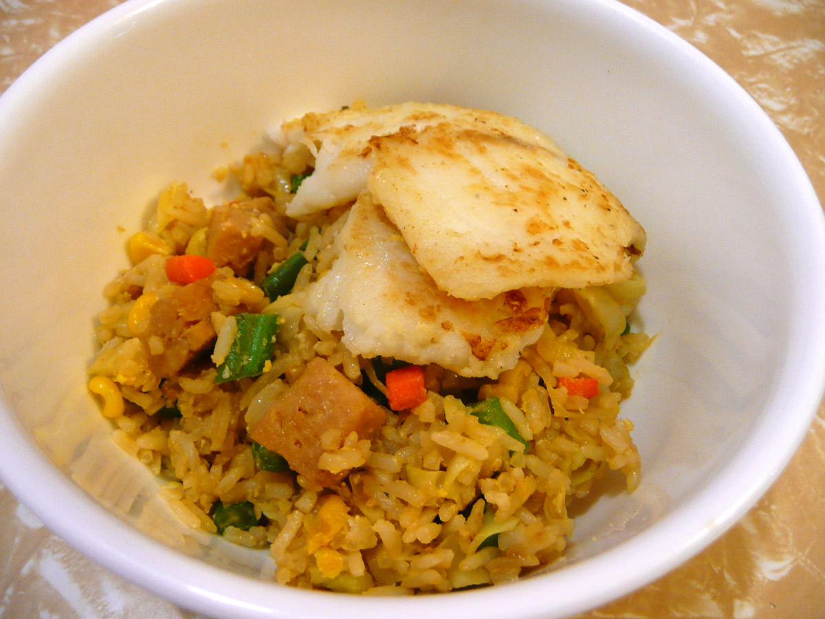 Fried rice with turkey SPAM, with panfried fish