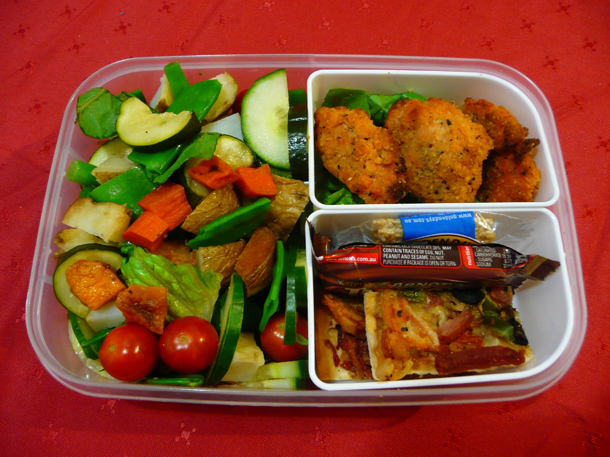 My Tuesday bento, with left over Dominos Chicken Kickers and pizza
