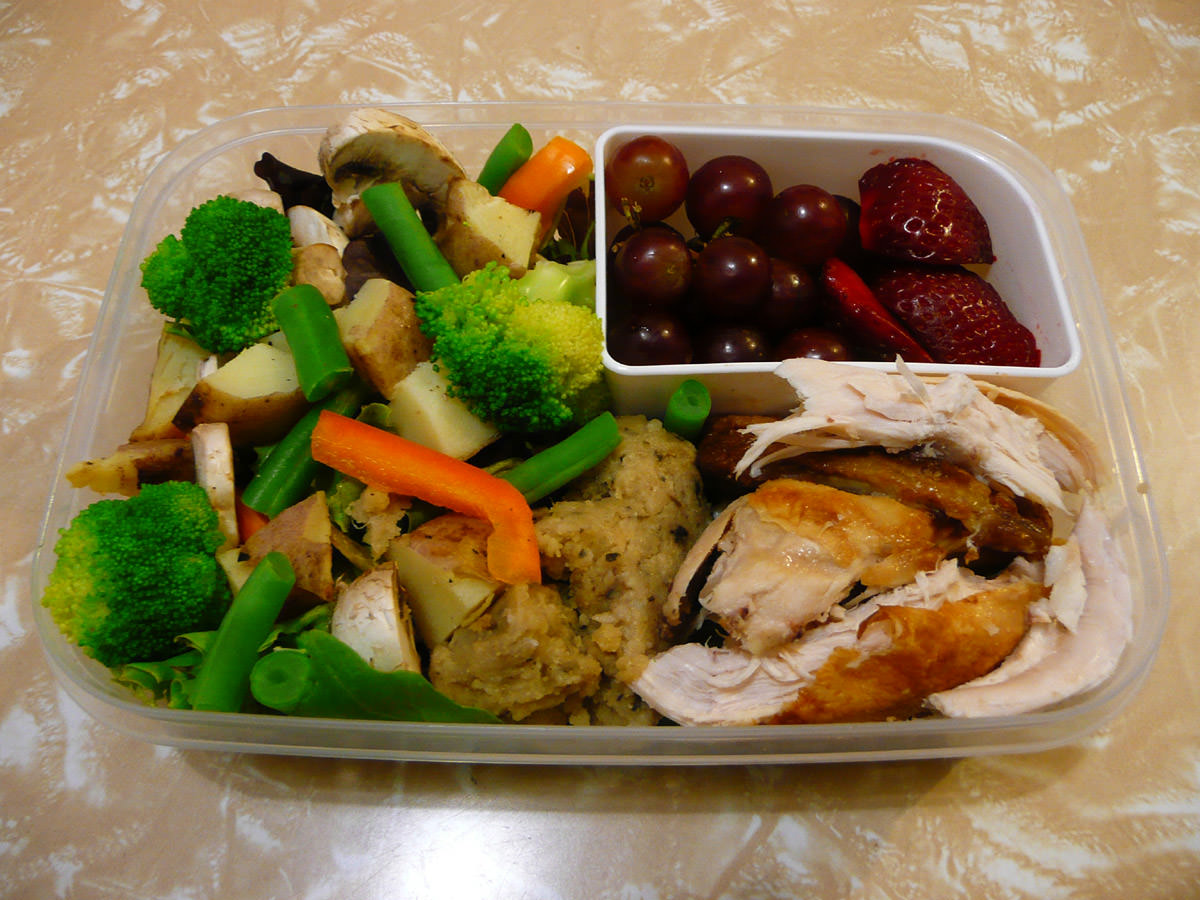 My Wednesday bento - cold BBQ chicken and stuffing with vegetables and fruit