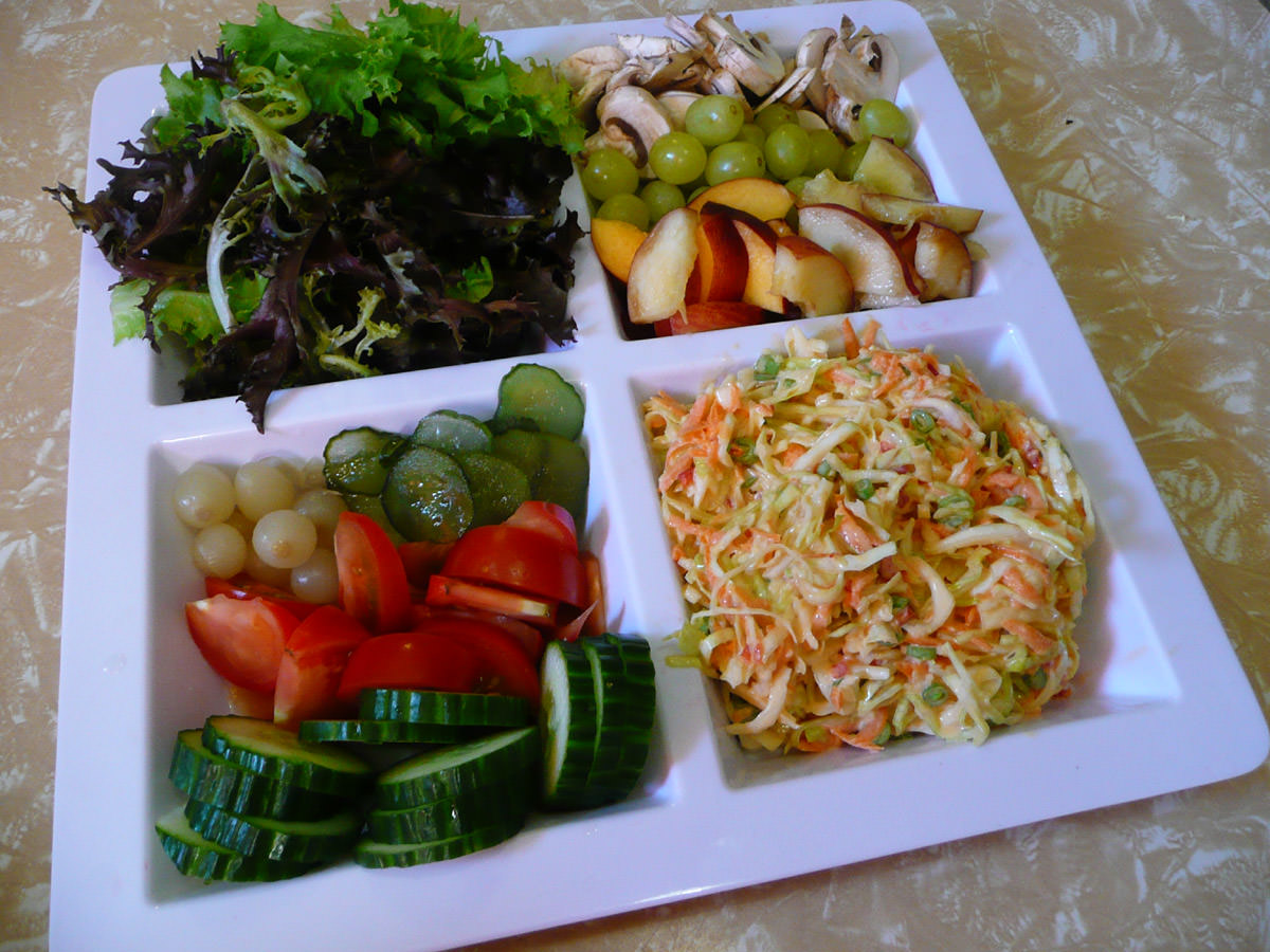 Vegetables, salad, pickles and fruit