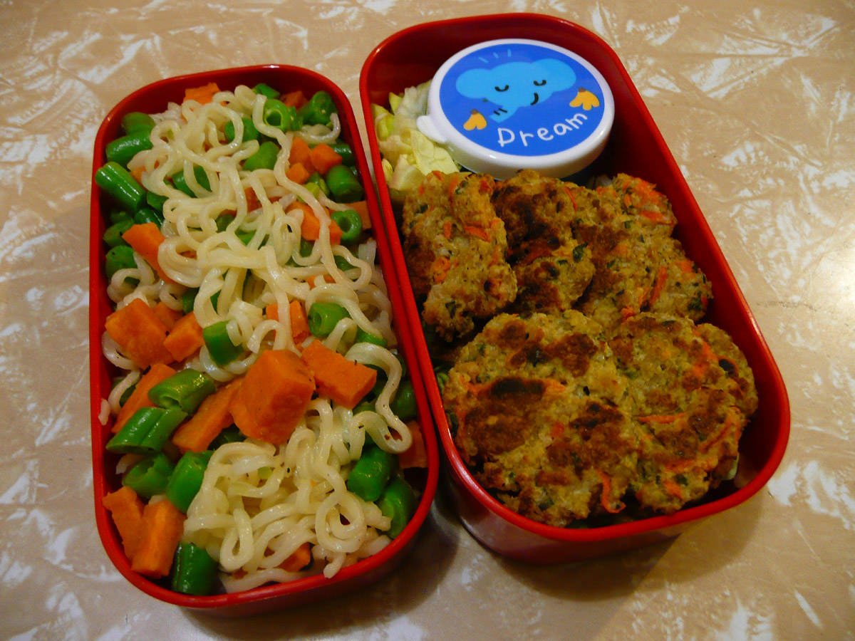 Chicken and vegetable patties with chilli jam, Maggi noodles with green beans and sweet potato