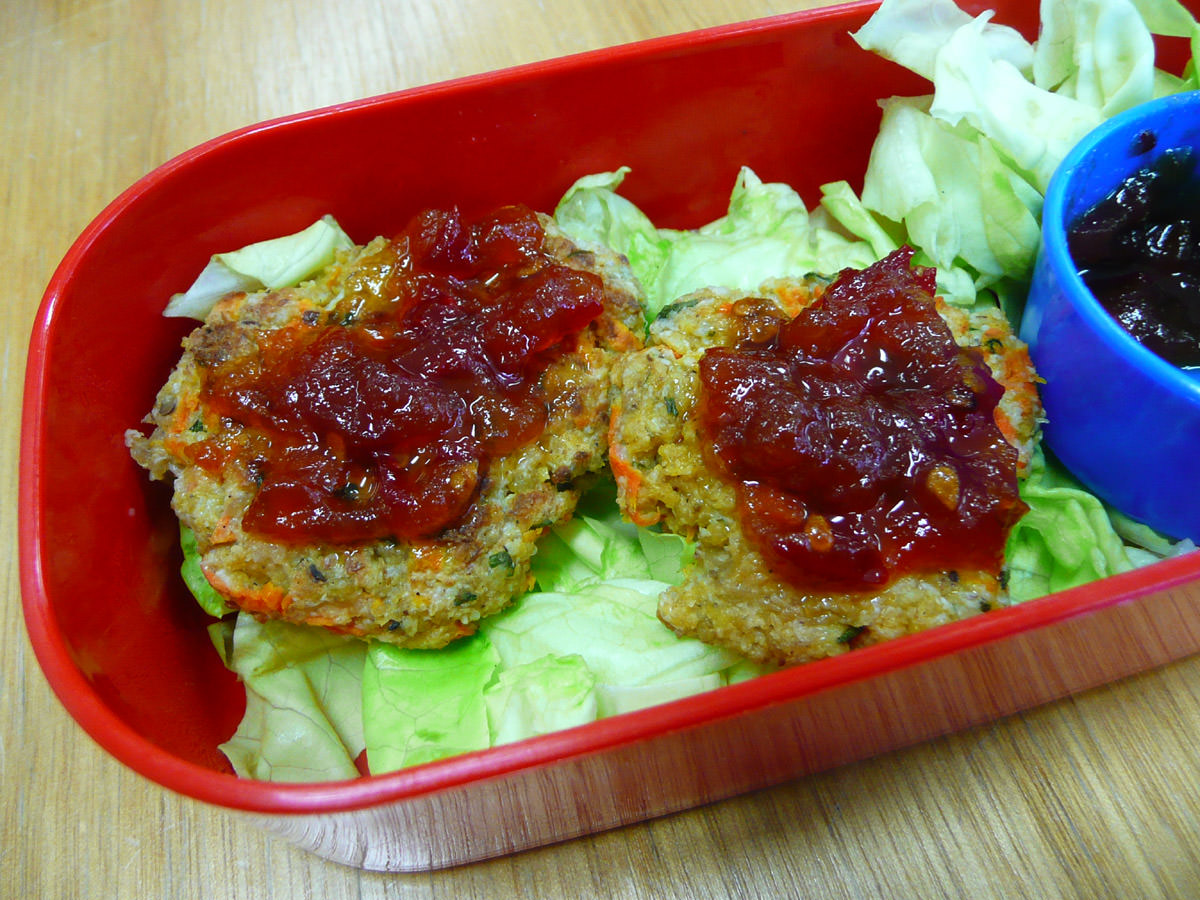Close-up of chicken patties with chillli jam
