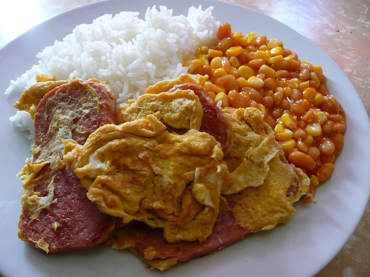 Fried SPAM and egg, baked beans and corn, rice