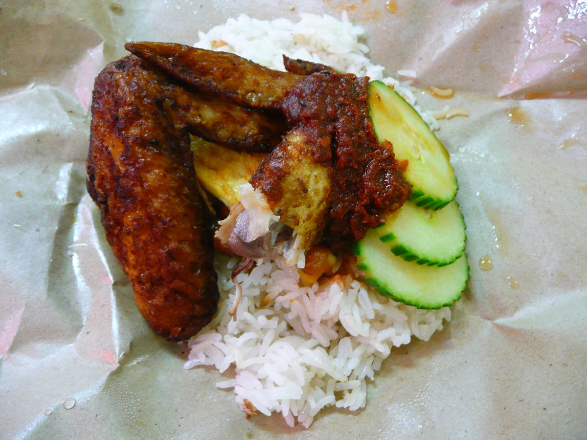Nasi lemak with fried chicken wings