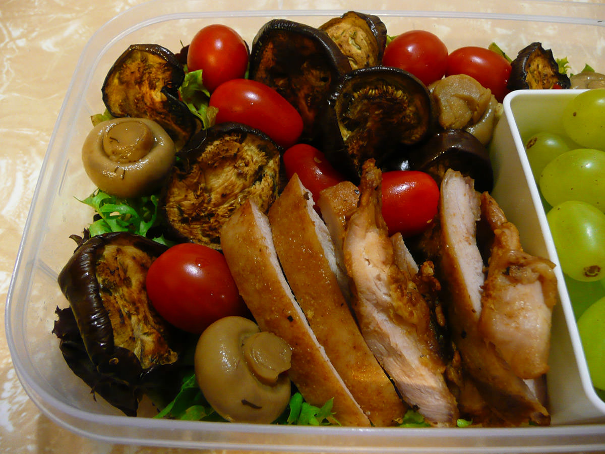 Chicken salad with panfried baby eggplant and marinated mushrooms