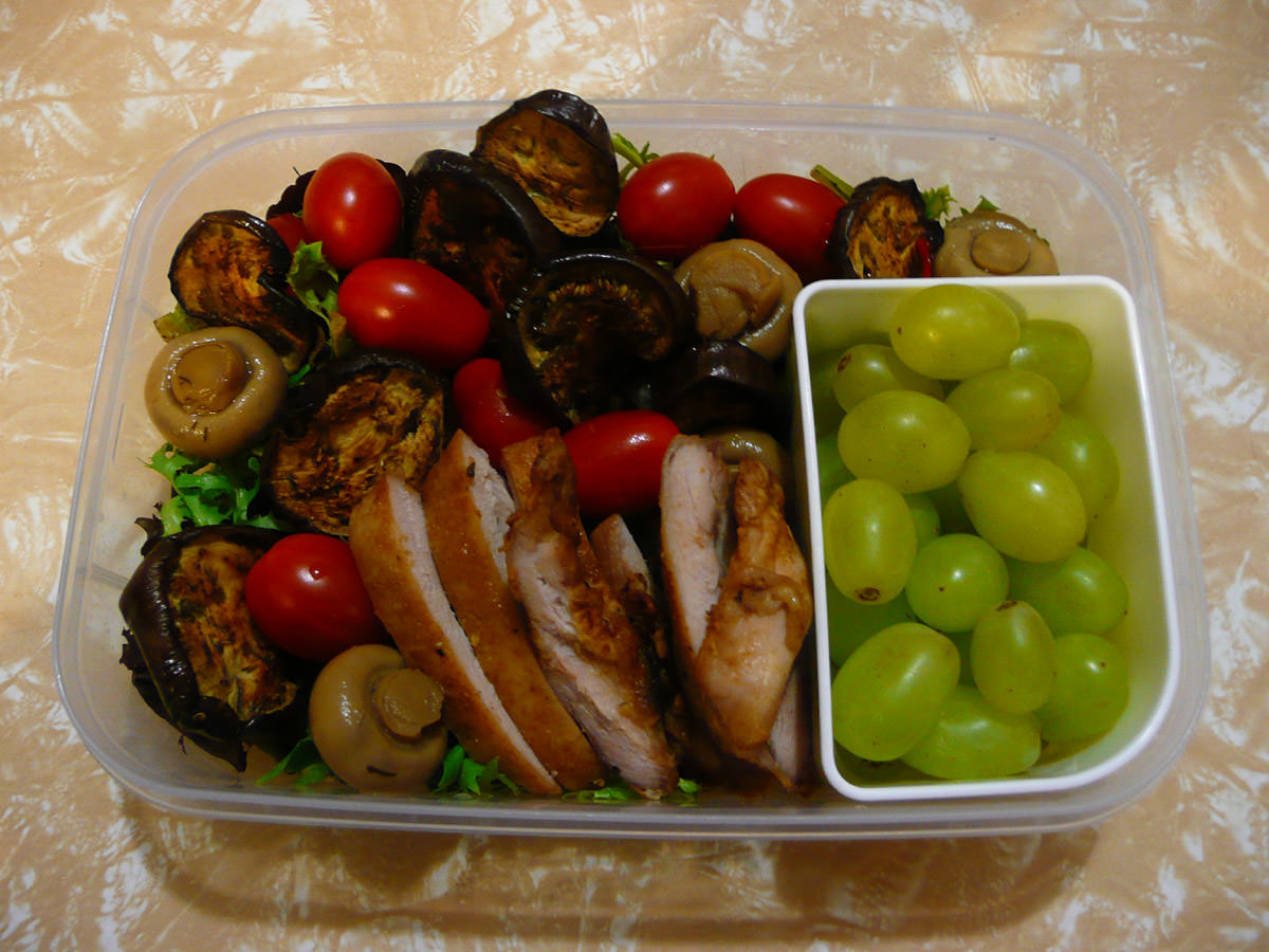 Bento - Chicken salad with panfried baby eggplant and marinated mushrooms