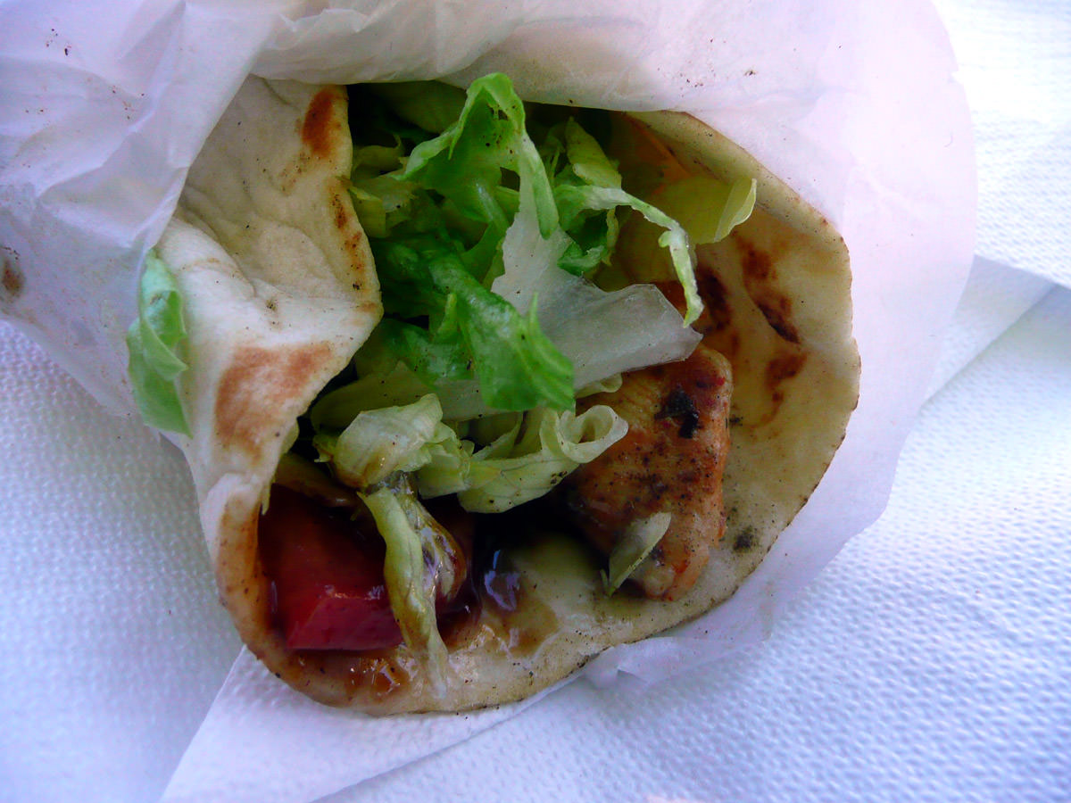 Chicken kebab with salad, mayo and BBQ sauce