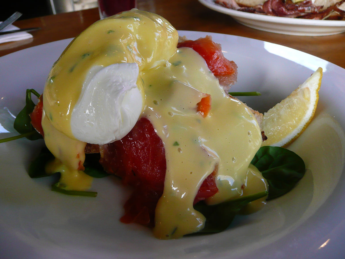 Vodka cured ocean trout, spinach, poached eggs on sourdough with herbed hollandaise
