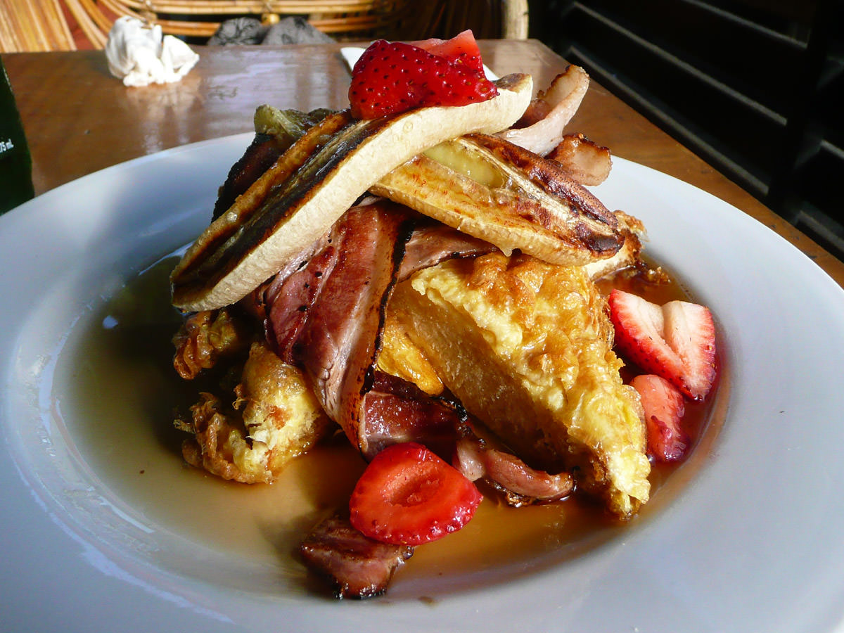 Canadian brioche french toast, bacon, caramelized banana and maple syrup
