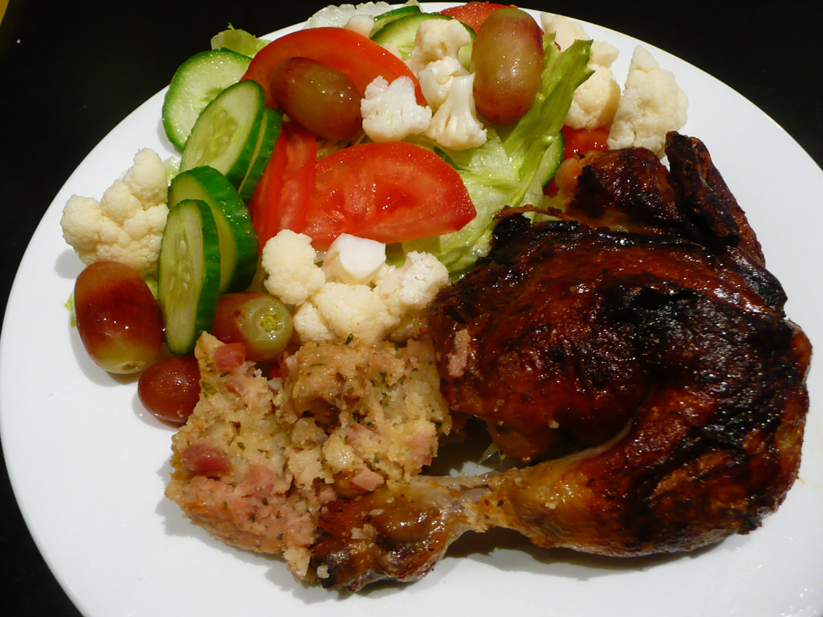 Roast chicken, stuffing and salad
