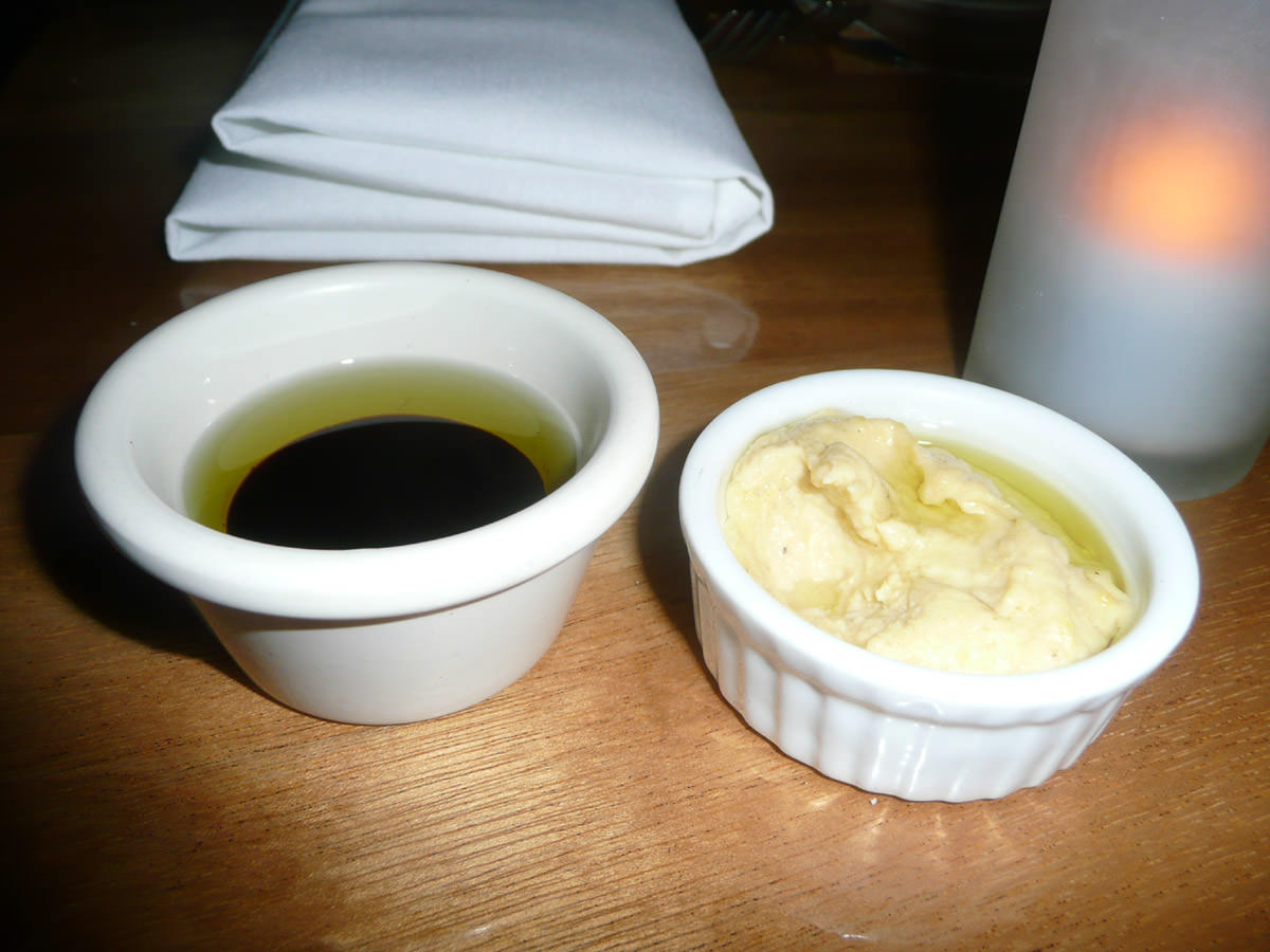 Olive oil and balsamic vinegar, and homemade hommus