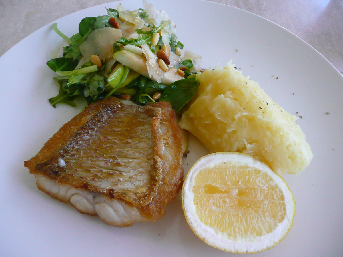 Panfried snapper, mashed potato, rocket salad with pear, pinenuts and shaved parmesan