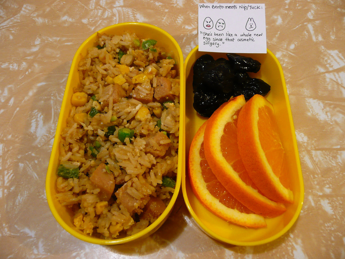 Jac's bento box - Turkey SPAM fried rice, oranges and prunes