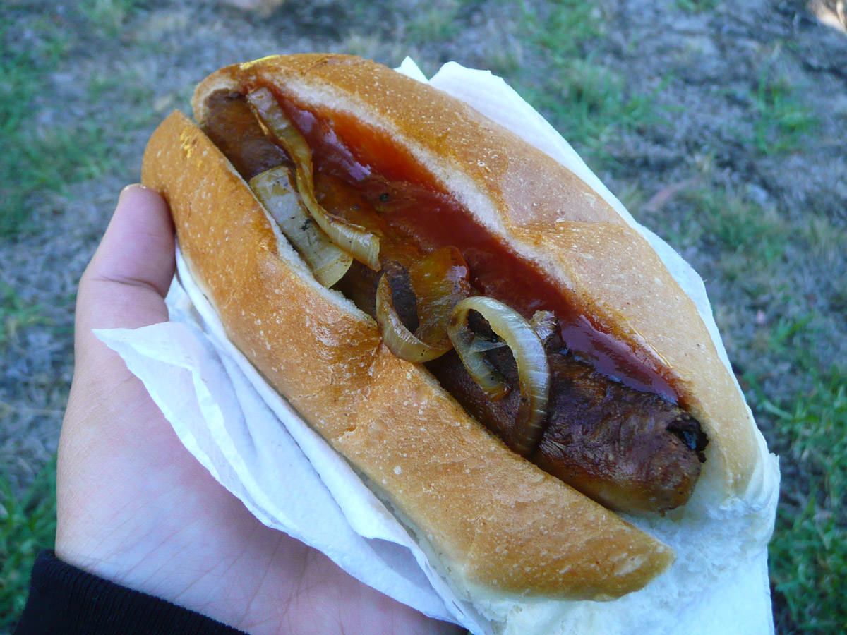 Sausage, fried onions and tomato sauce in a hot dog bun