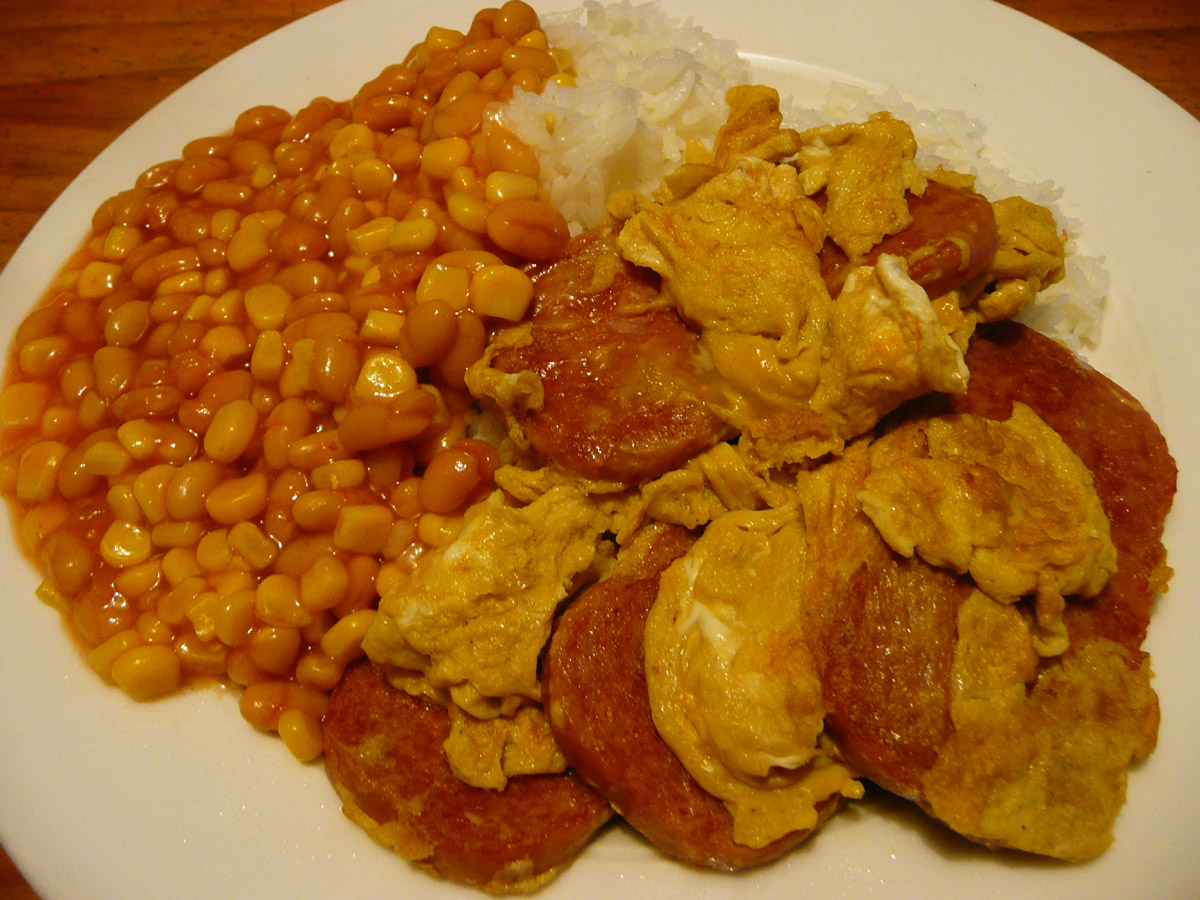 SPAM and egg, rice and baked beans