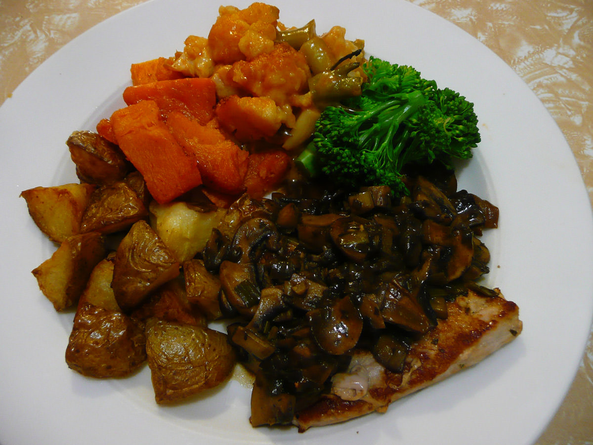Pork steaks with mushroom sauce and vegetables