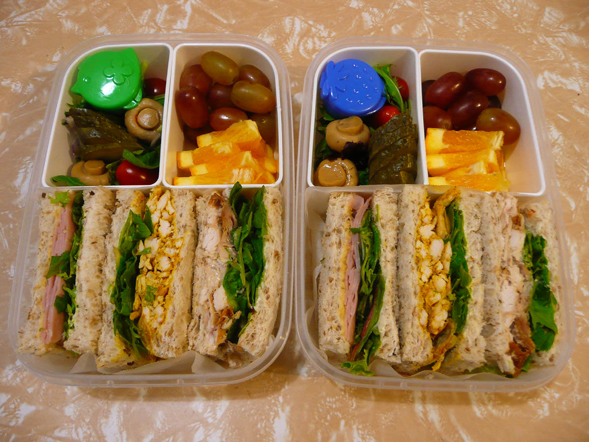 Two bento lunches - sandwiches, fruit and salad