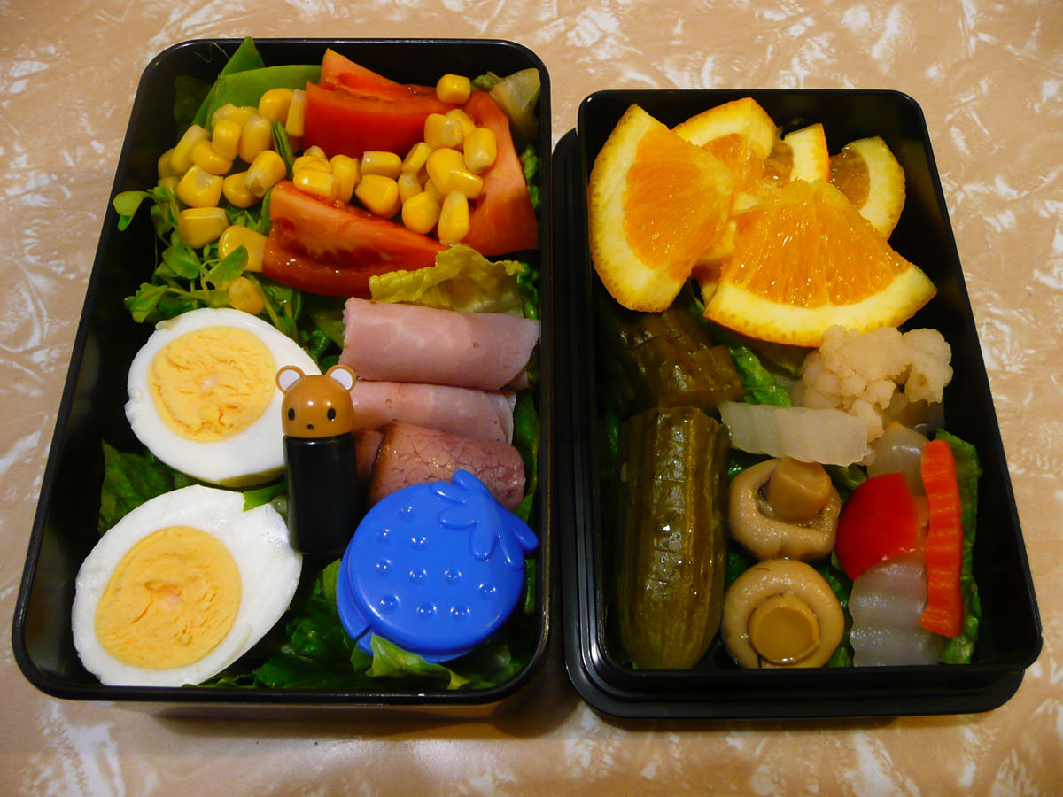 My bento lunch: hard-boiled egg, cold meats, pickles, salad and fruit