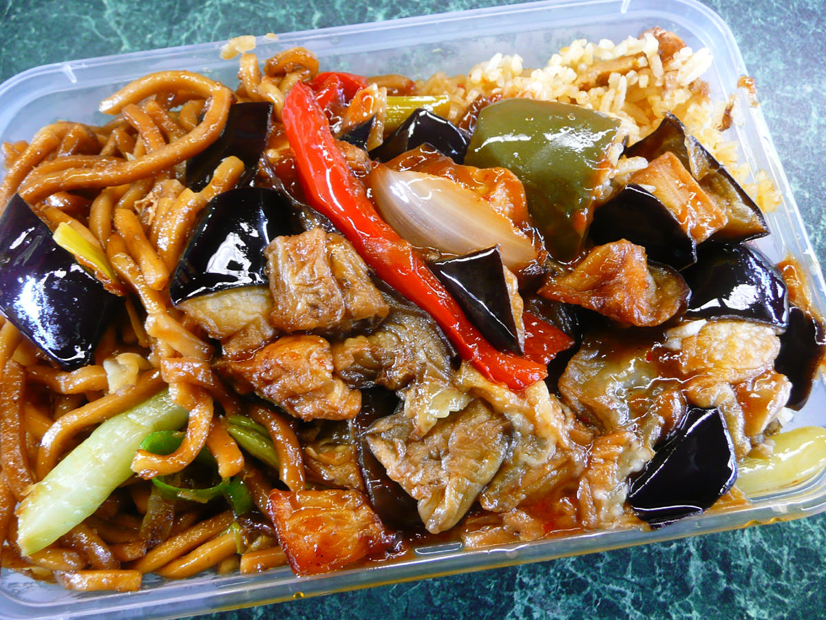 Chilli eggplant with fried noodles and fried rice