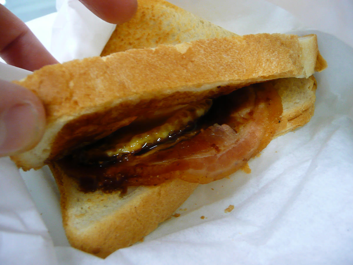 Bacon and egg sandwich with BBQ sauce