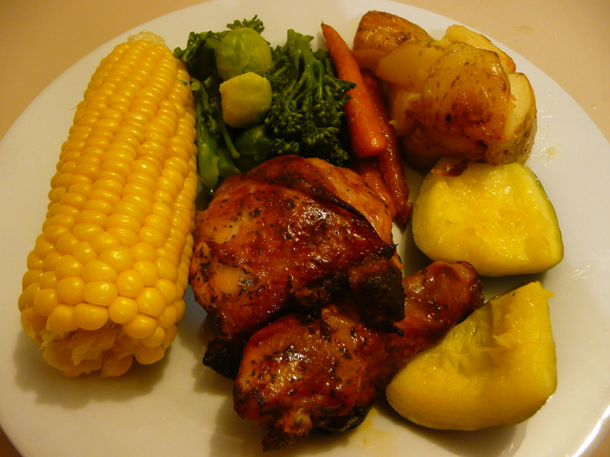 Marinated chicken, oven-roasted vegetables